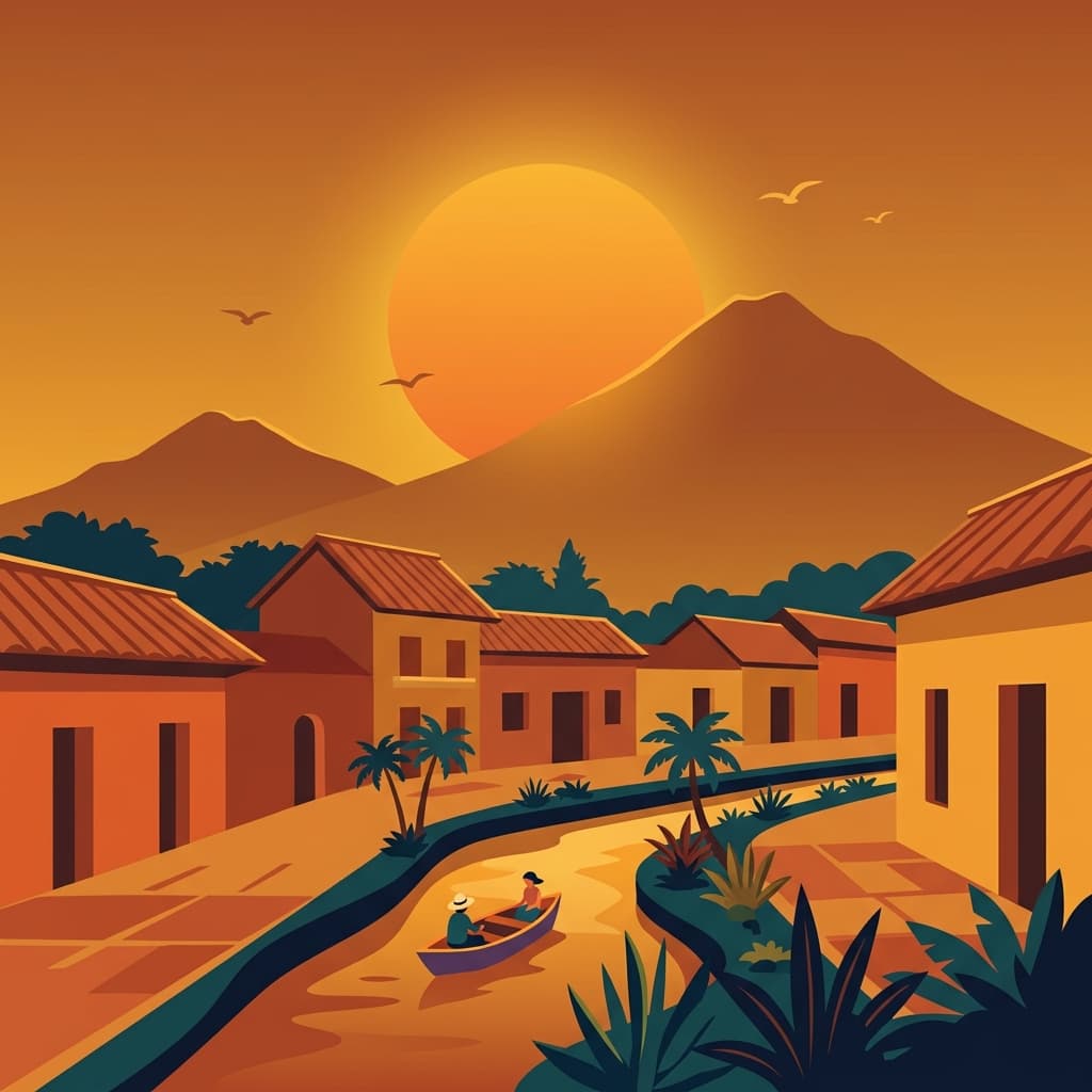 Vintage travel-poster illustration of Antigua Guatemala with the Santa Catalina Arch and Volcán de Agua in a warm red-orange sunset glow