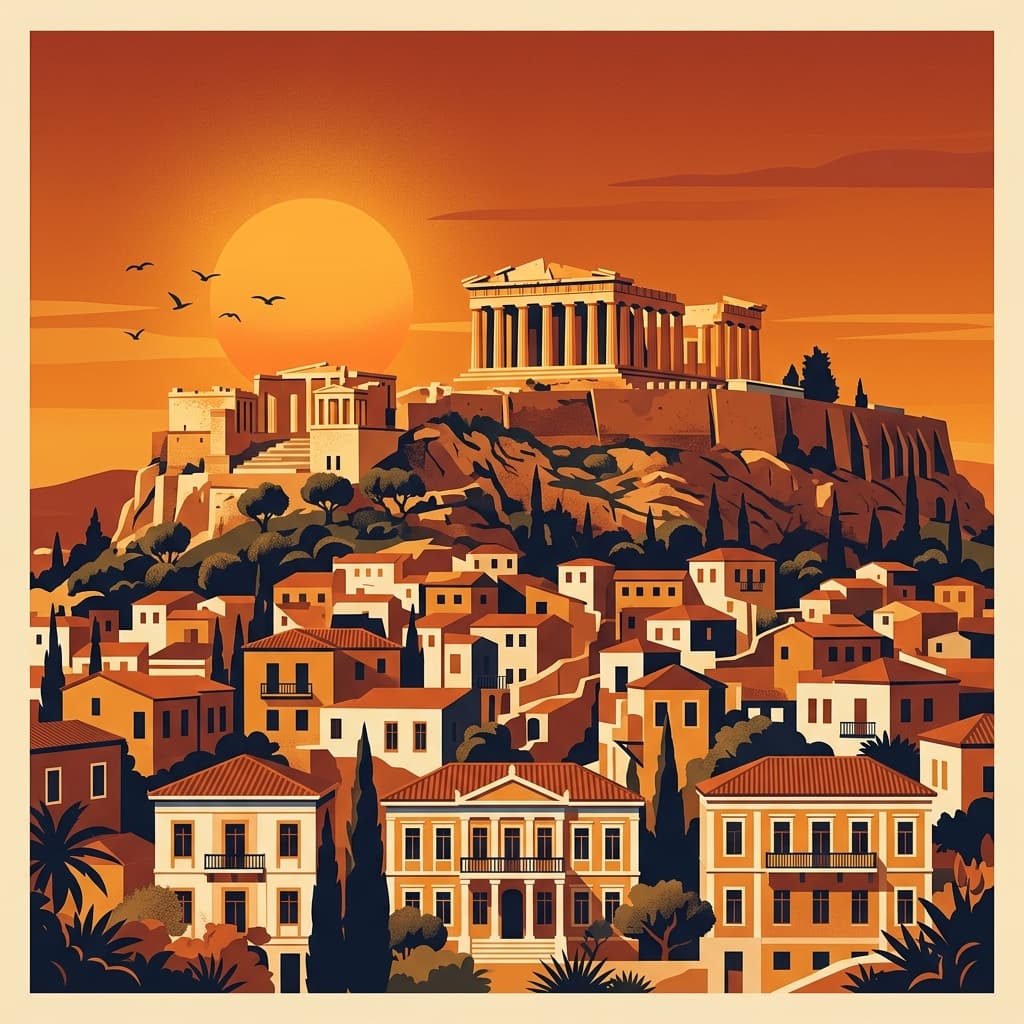 Vintage travel-poster illustration of Athens with the Parthenon on the Acropolis above the old town