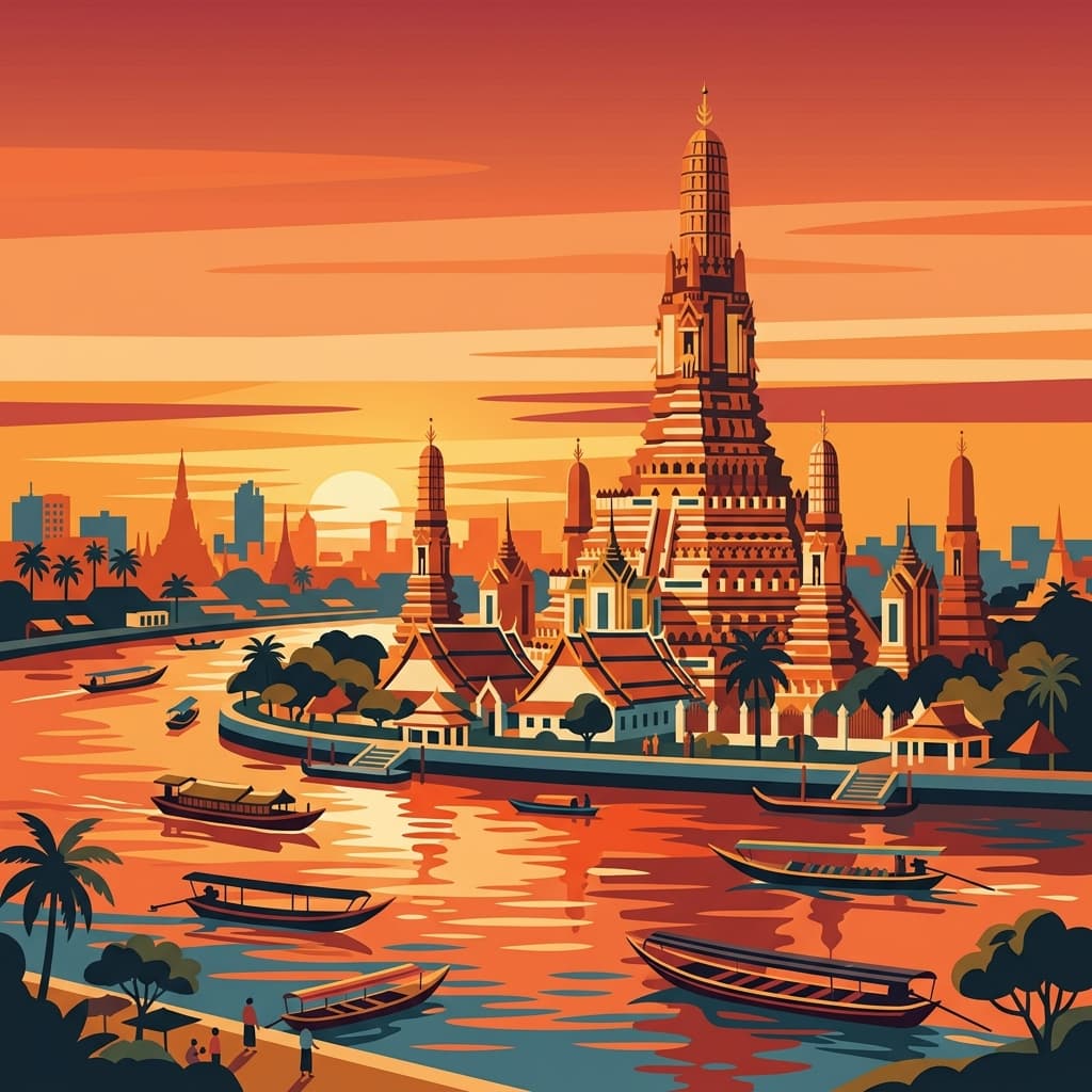 Vintage travel-poster illustration of Bangkok with Wat Arun on the Chao Phraya River