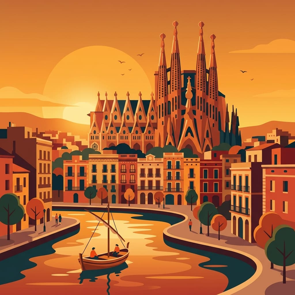 Vintage travel-poster illustration of Barcelona