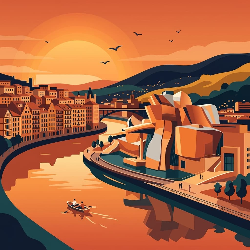 Vintage travel-poster illustration of Bilbao with the Guggenheim Museum