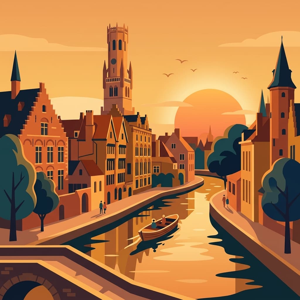 Vintage travel-poster illustration of Bruges