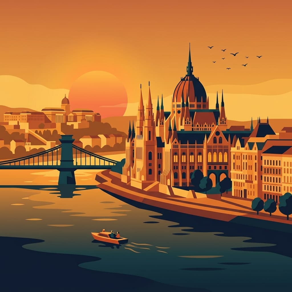 Vintage travel-poster illustration of Budapest with the Hungarian Parliament building