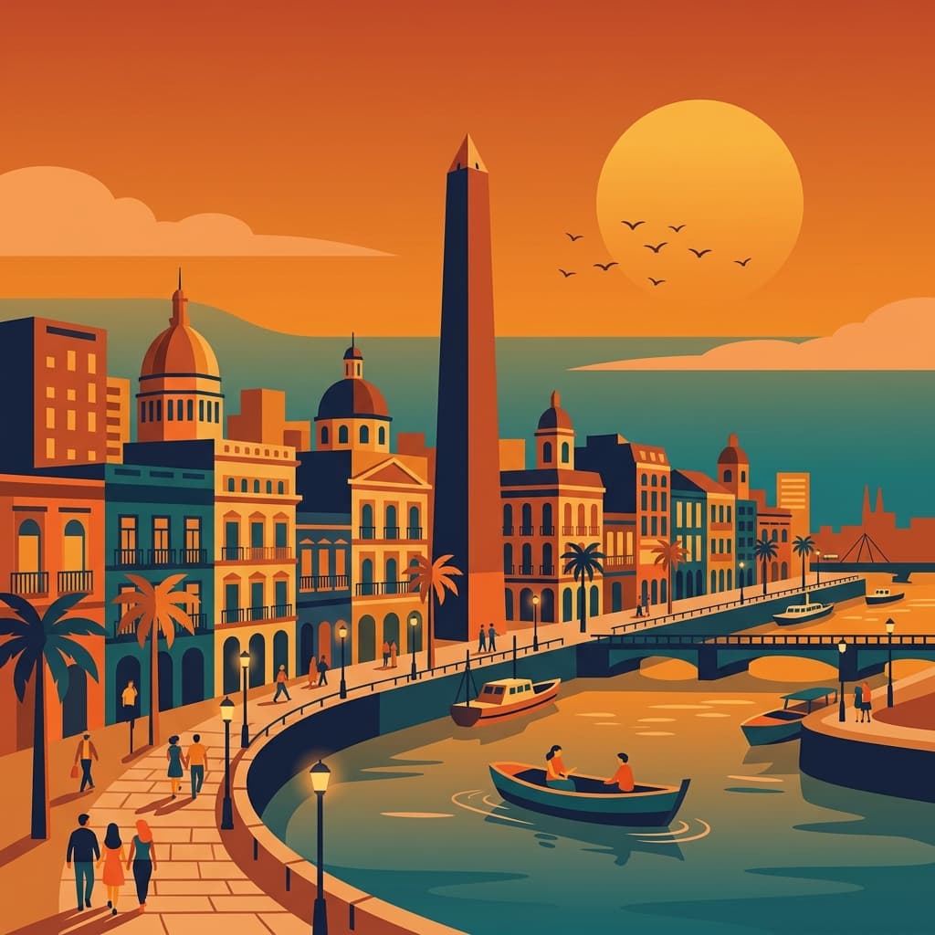 Vintage travel-poster illustration of Buenos Aires with the Obelisco and colourful waterfront in a warm red-orange sunset glow