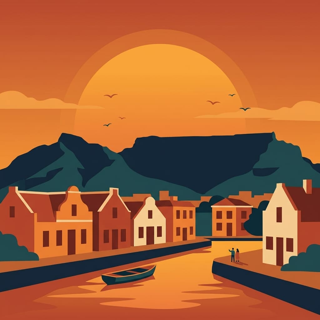Vintage travel-poster illustration of Cape Town with Table Mountain and Cape Dutch gabled houses in a warm red-orange sunset glow