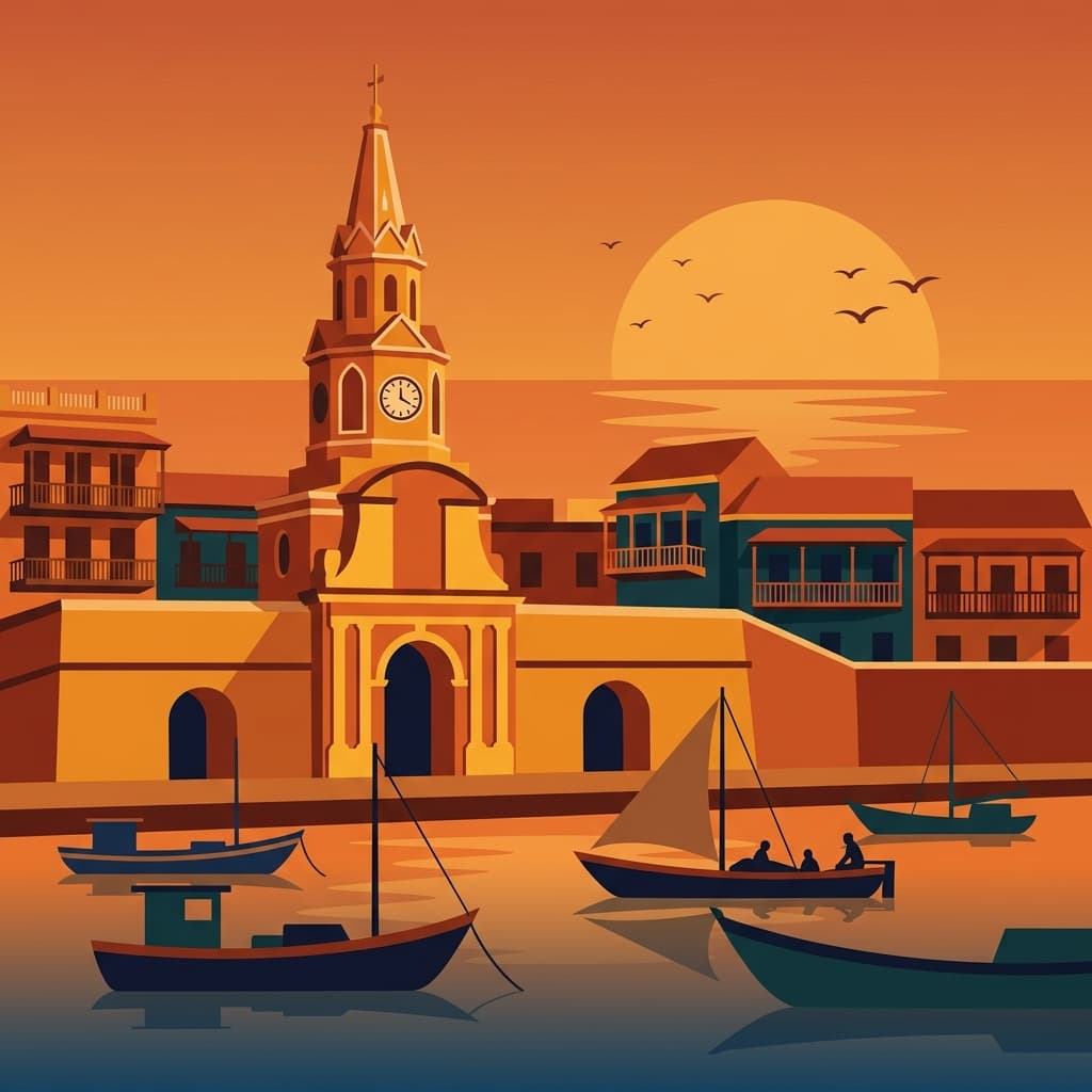 Vintage travel-poster illustration of Cartagena with the Torre del Reloj in a warm red-orange sunset glow