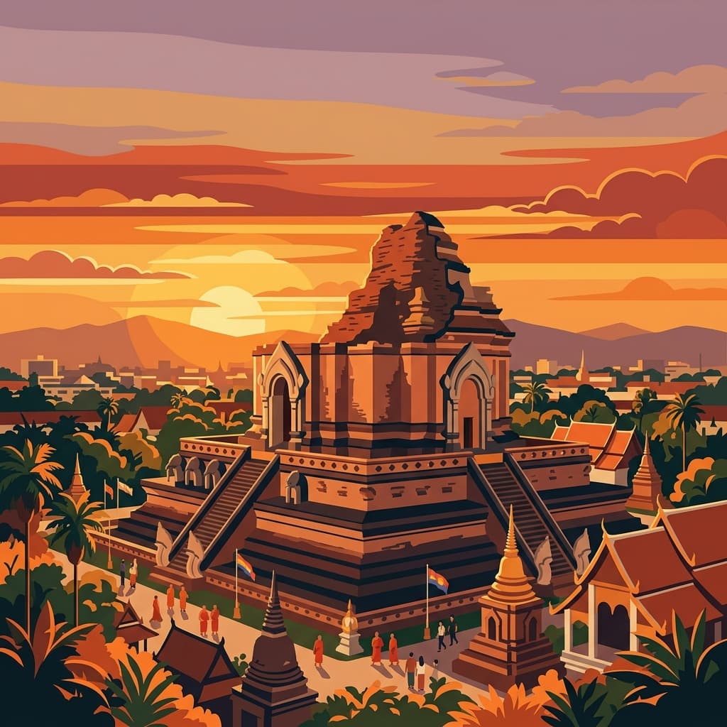 Vintage travel-poster illustration of Chiang Mai with Wat Chedi Luang temple in warm sunset glow