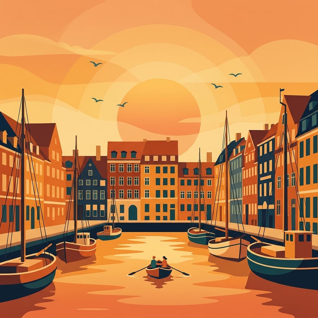 Vintage travel-poster illustration of Copenhagen with the Nyhavn canal, colorful houses, and boats