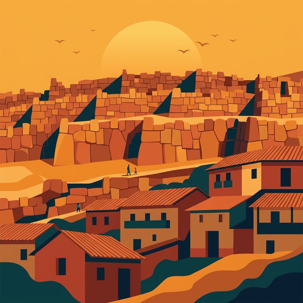 Vintage travel-poster illustration of Cusco with colonial architecture and the Andes mountains