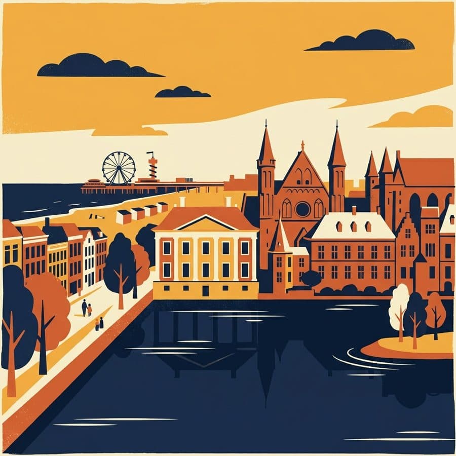 Vintage travel-poster illustration of Den Haag with the Binnenhof and Hofvijver
