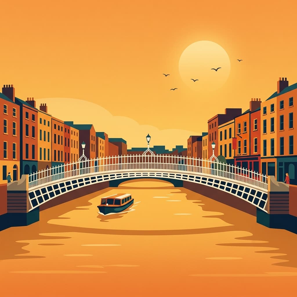 Vintage travel-poster illustration of Dublin with the Ha'penny Bridge over the River Liffey