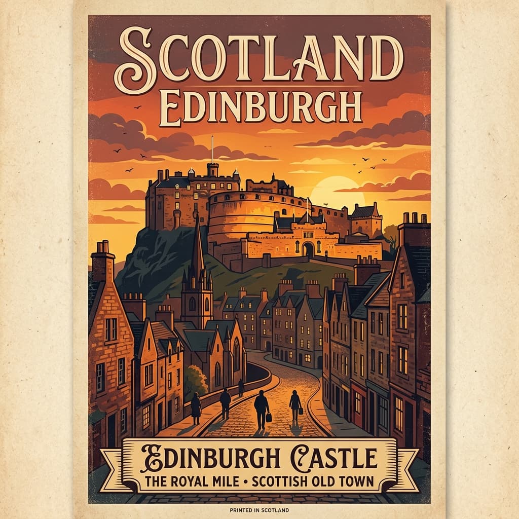 Vintage travel-poster illustration of Edinburgh with the castle and old town