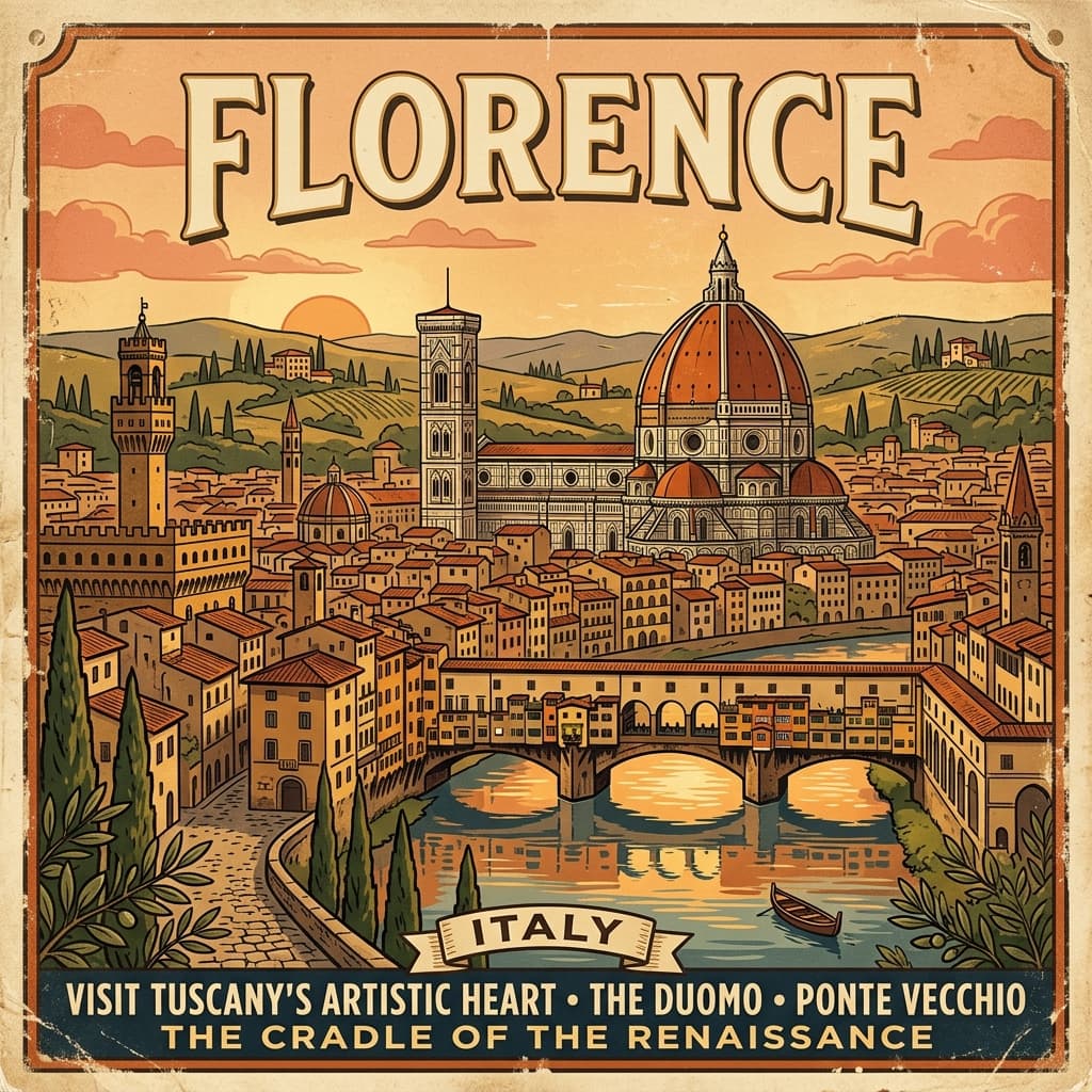 Vintage travel-poster illustration of Florence with the Duomo and Ponte Vecchio