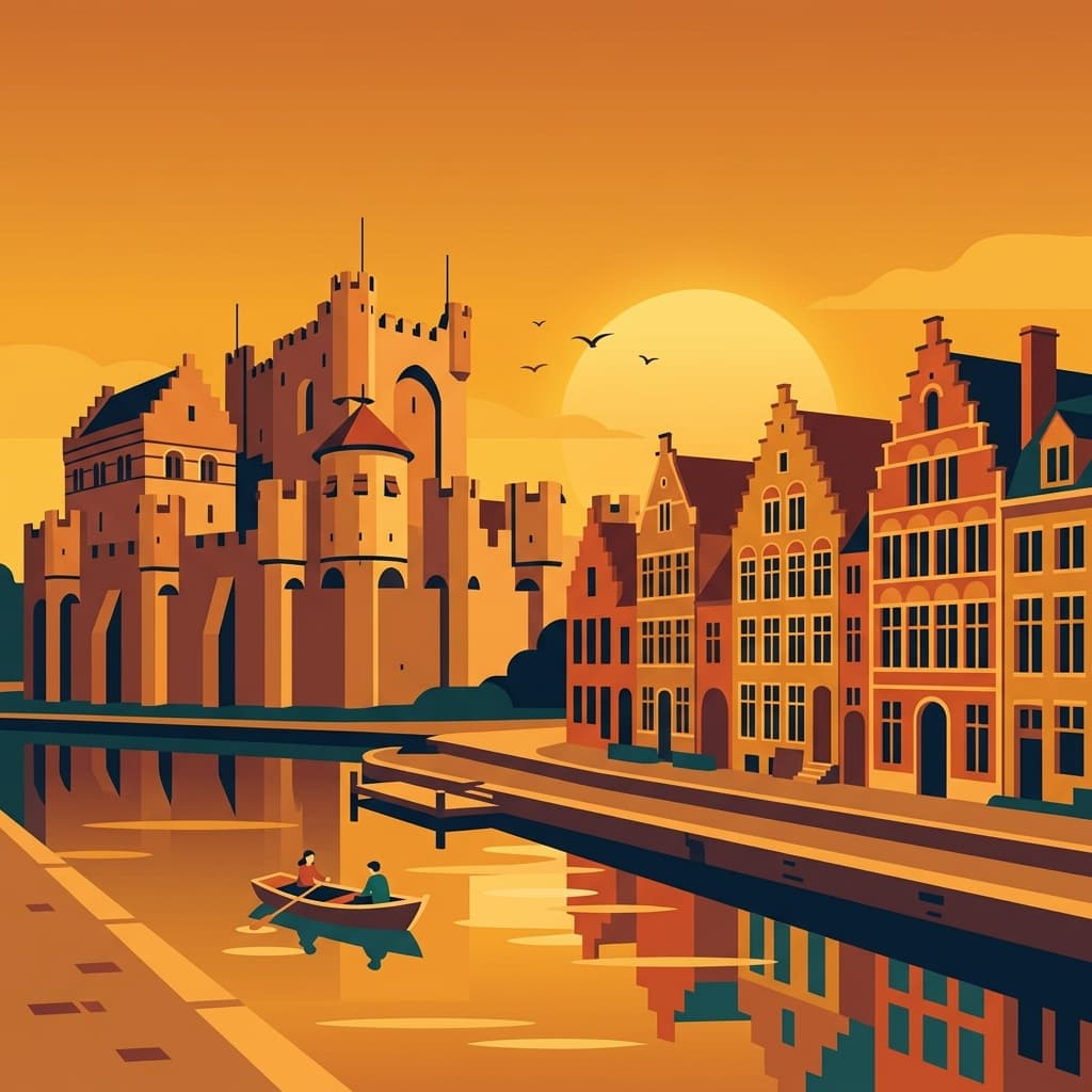 Vintage travel-poster illustration of Ghent
