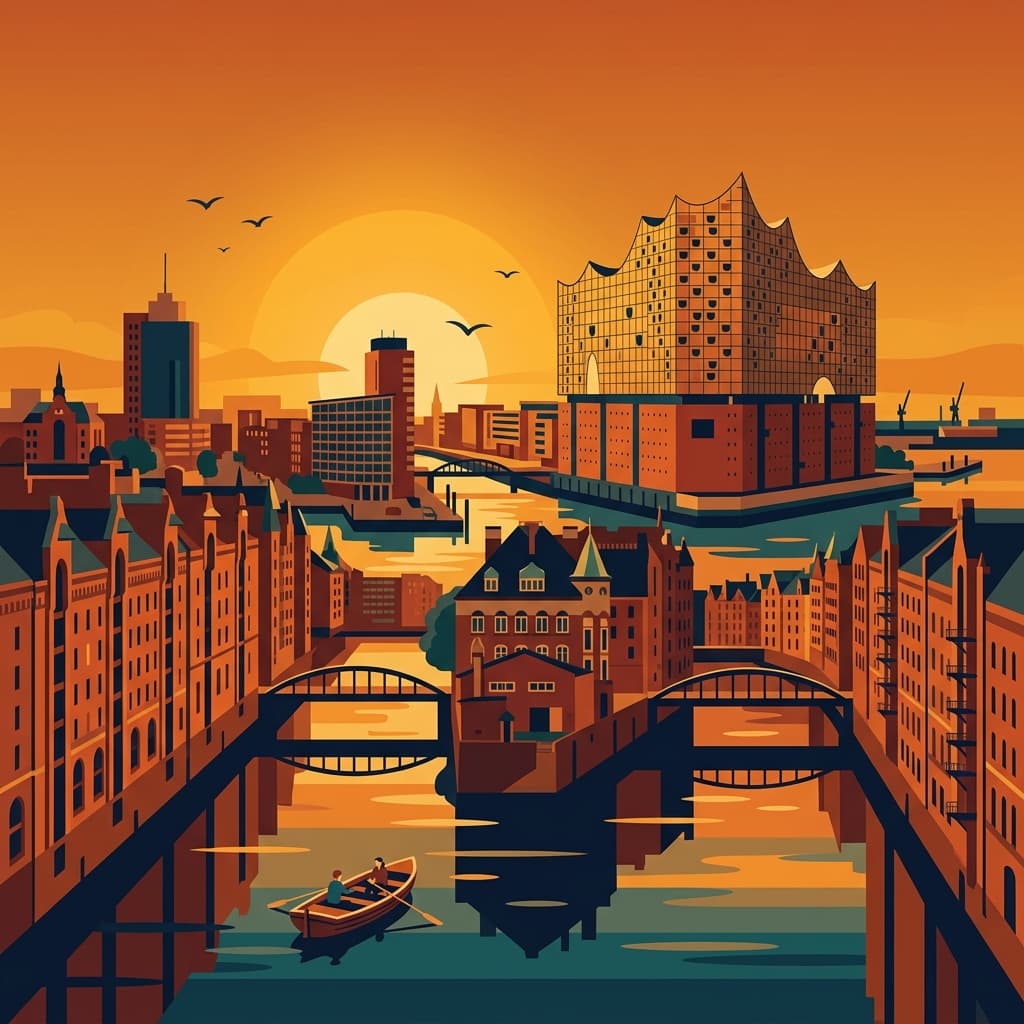 Vintage travel-poster illustration of Hamburg with the Elbphilharmonie and Speicherstadt