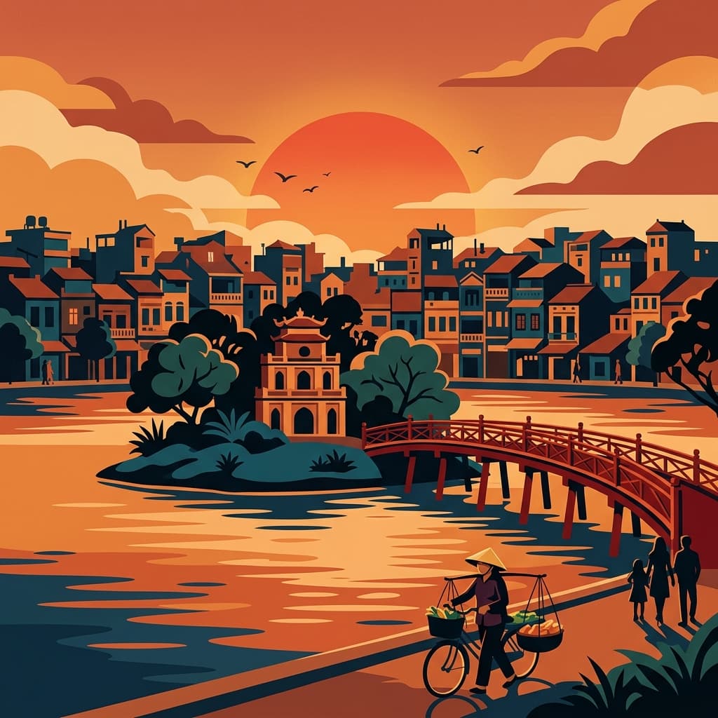 Vintage travel-poster illustration of Hanoi with the red The Huc Bridge over Hoan Kiem Lake