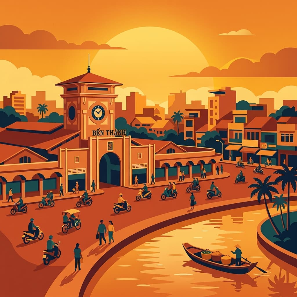 Vintage travel-poster illustration of Ho Chi Minh City with Ben Thanh Market in a warm red-orange sunset glow