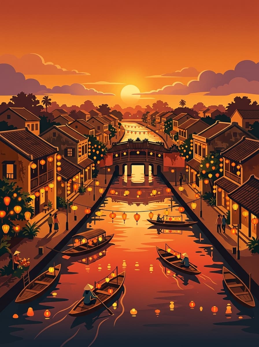 Vintage travel-poster illustration of Hoi An with the Japanese Covered Bridge
