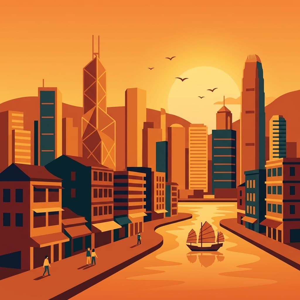 Vintage travel-poster illustration of Hong Kong with Victoria Harbour in a warm red-orange sunset glow