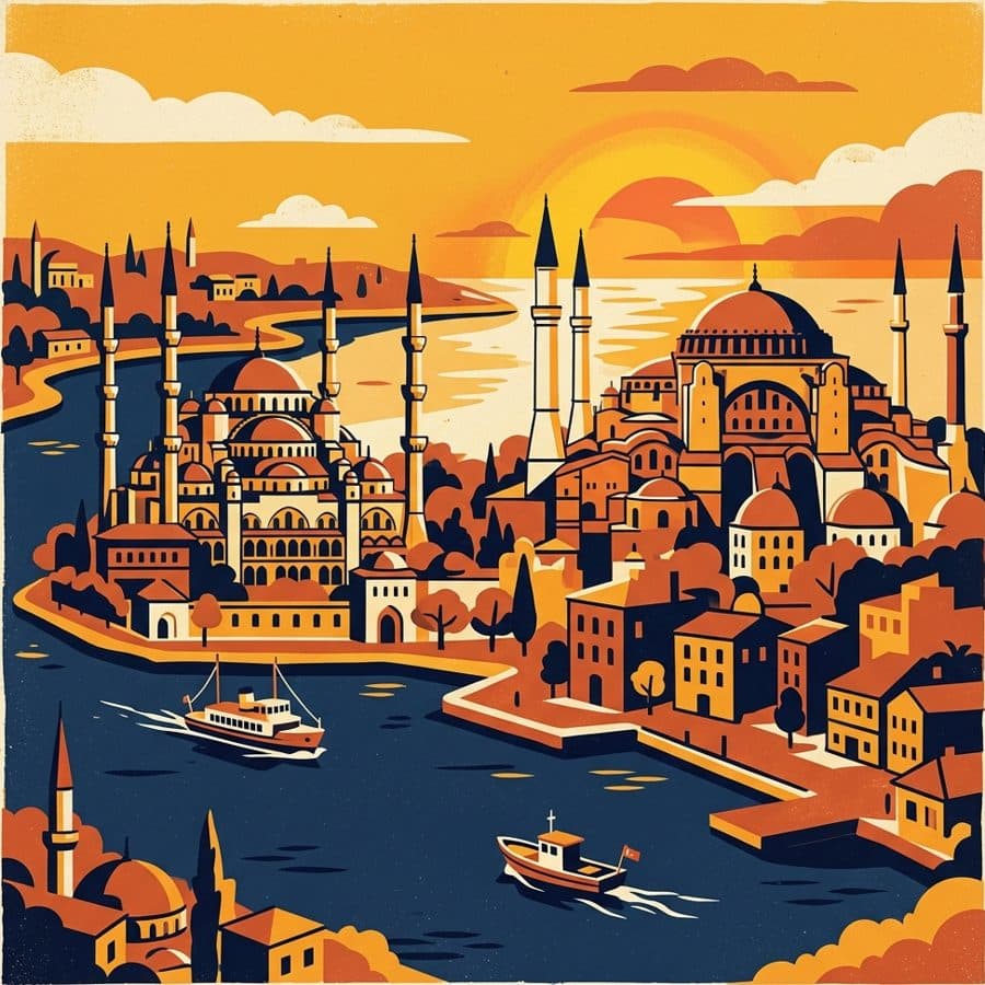 Vintage travel-poster illustration of Istanbul with mosque domes and minarets on the Bosphorus