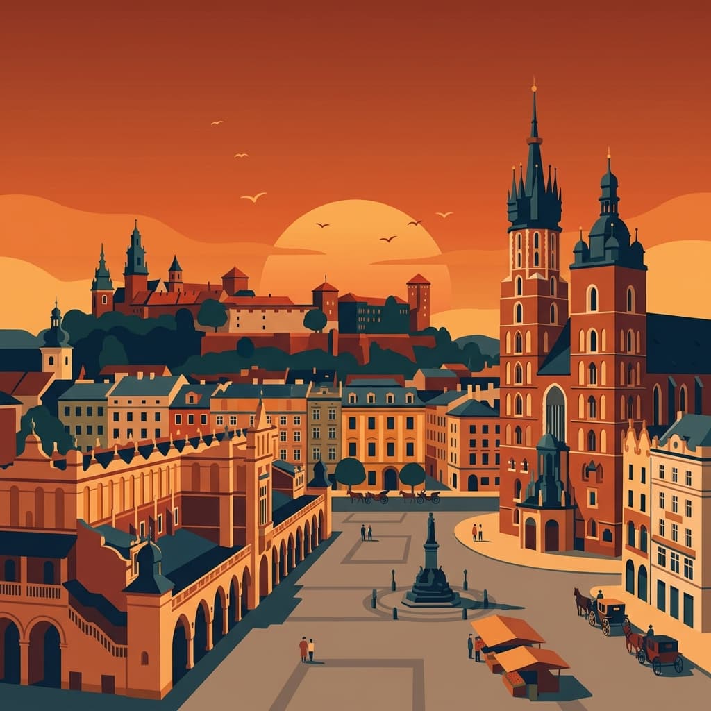 Vintage travel-poster illustration of Kraków with St Mary's Basilica and the Cloth Hall on the Main Market Square