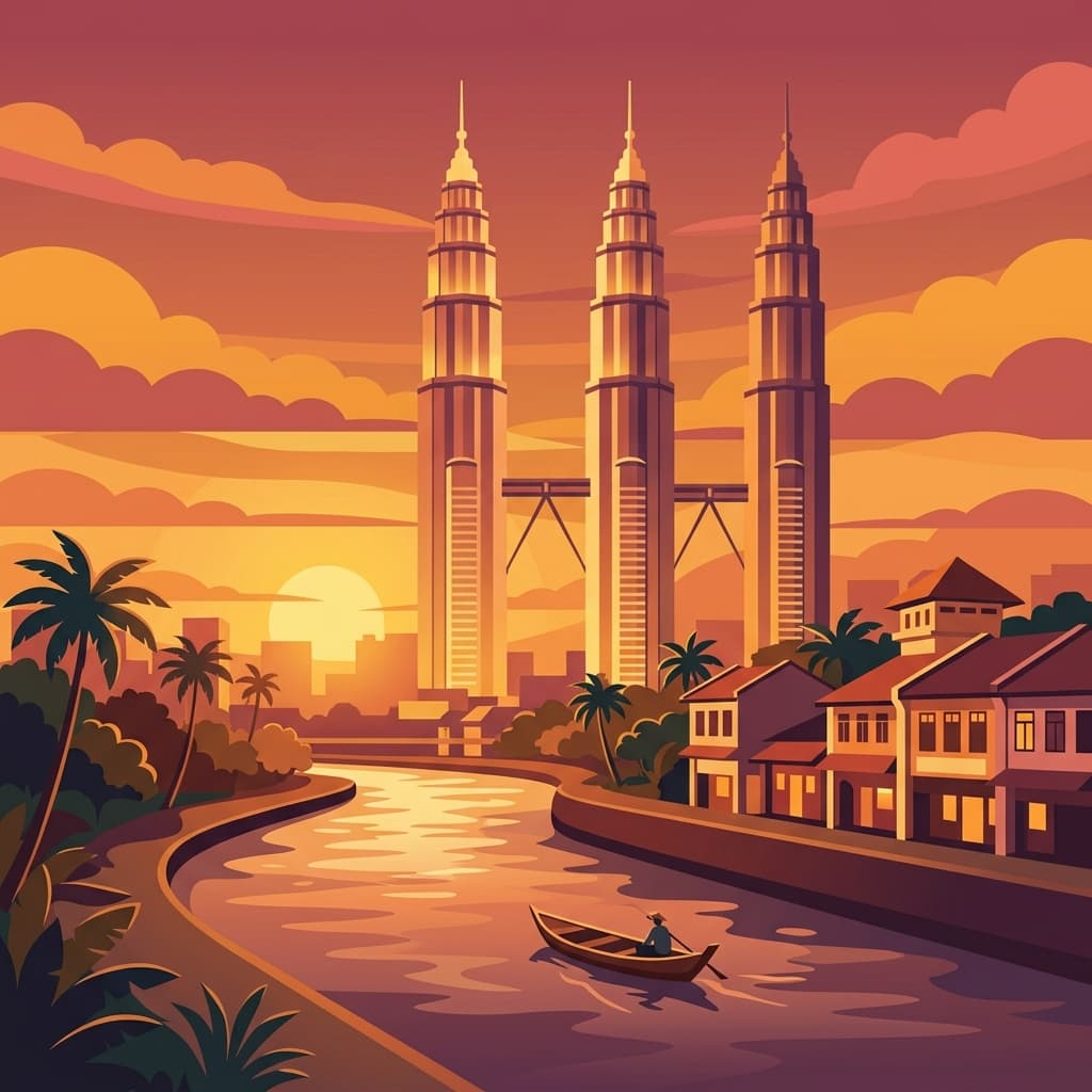 Vintage travel-poster illustration of Kuala Lumpur with the Petronas Twin Towers in a warm red-orange sunset glow