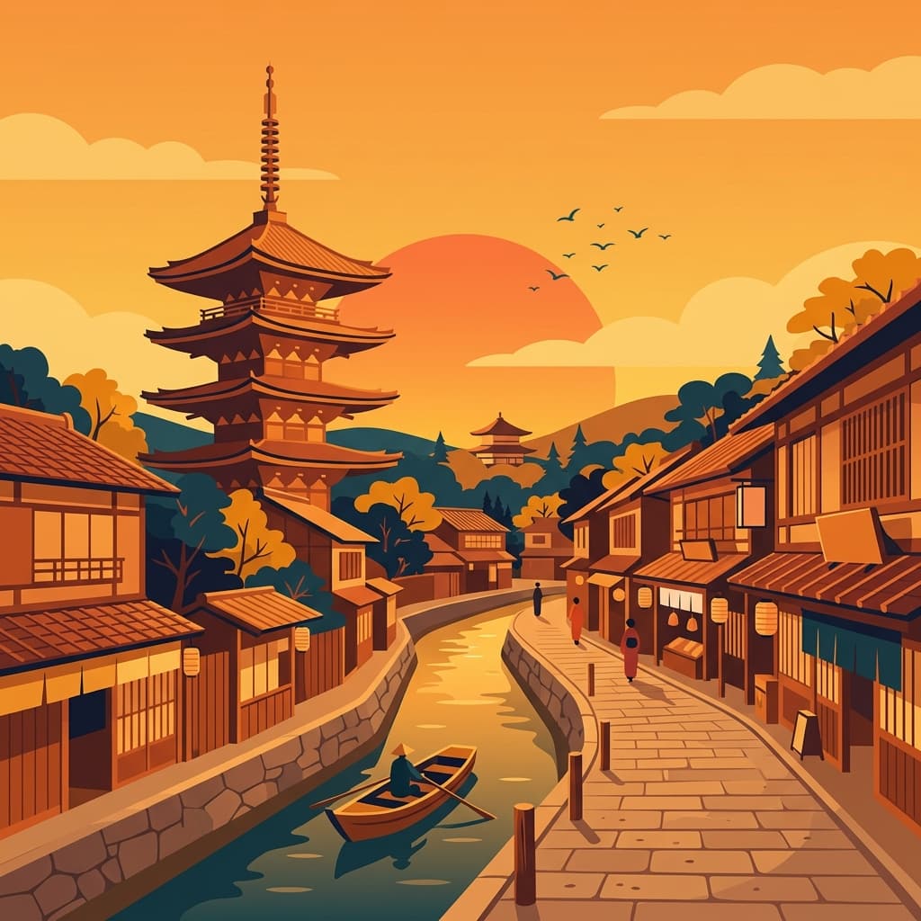 Vintage travel-poster illustration of Kyoto with the Yasaka Pagoda and traditional streets