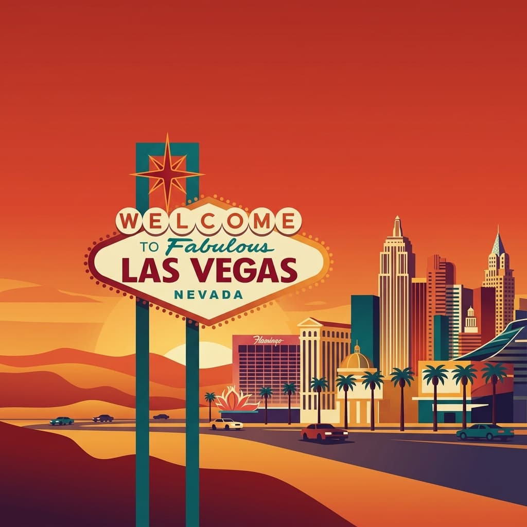 Vintage travel-poster illustration of Las Vegas with the famous Welcome to Las Vegas sign and iconic Strip resorts