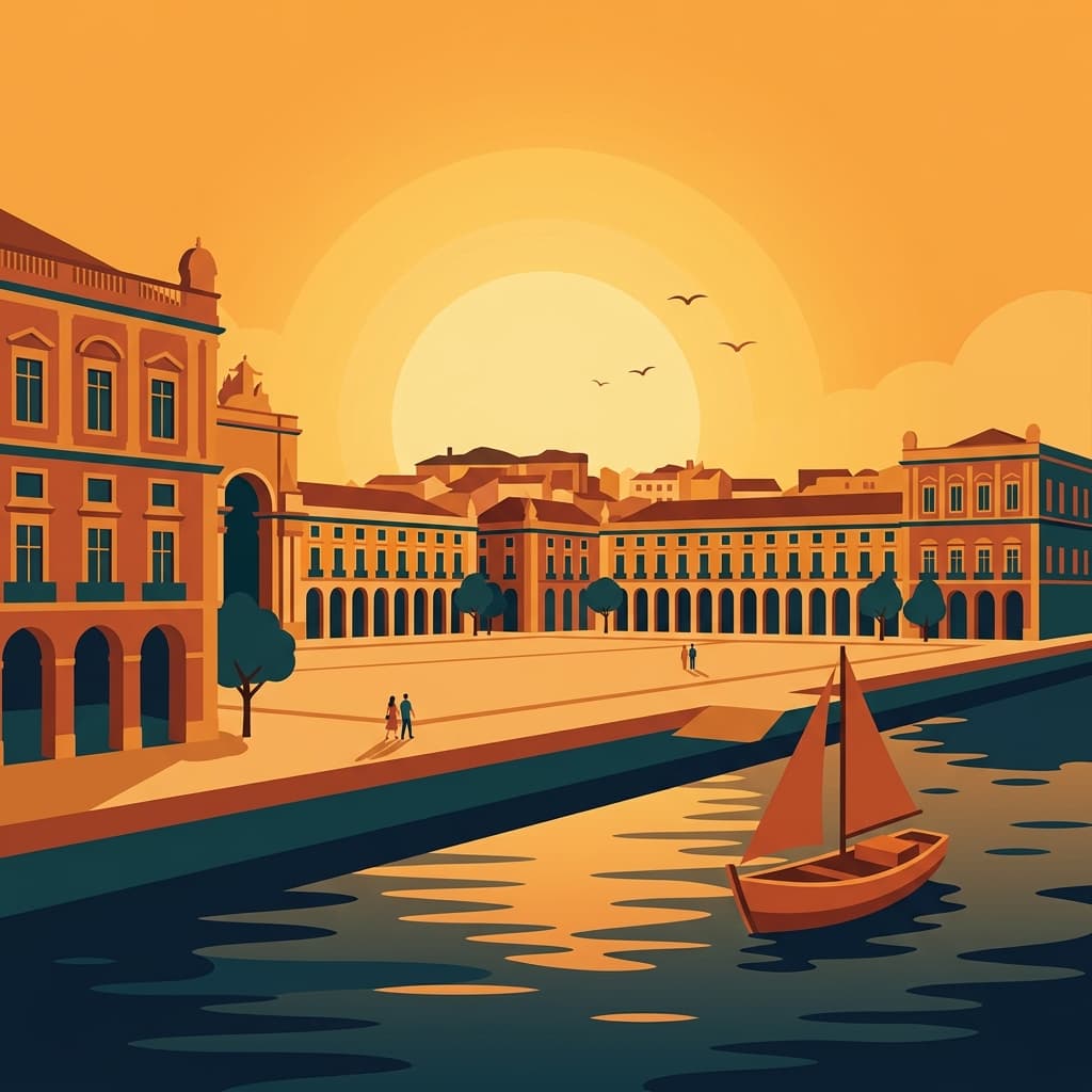 Vintage travel-poster illustration of Lisbon with the Belém Tower and Tagus River