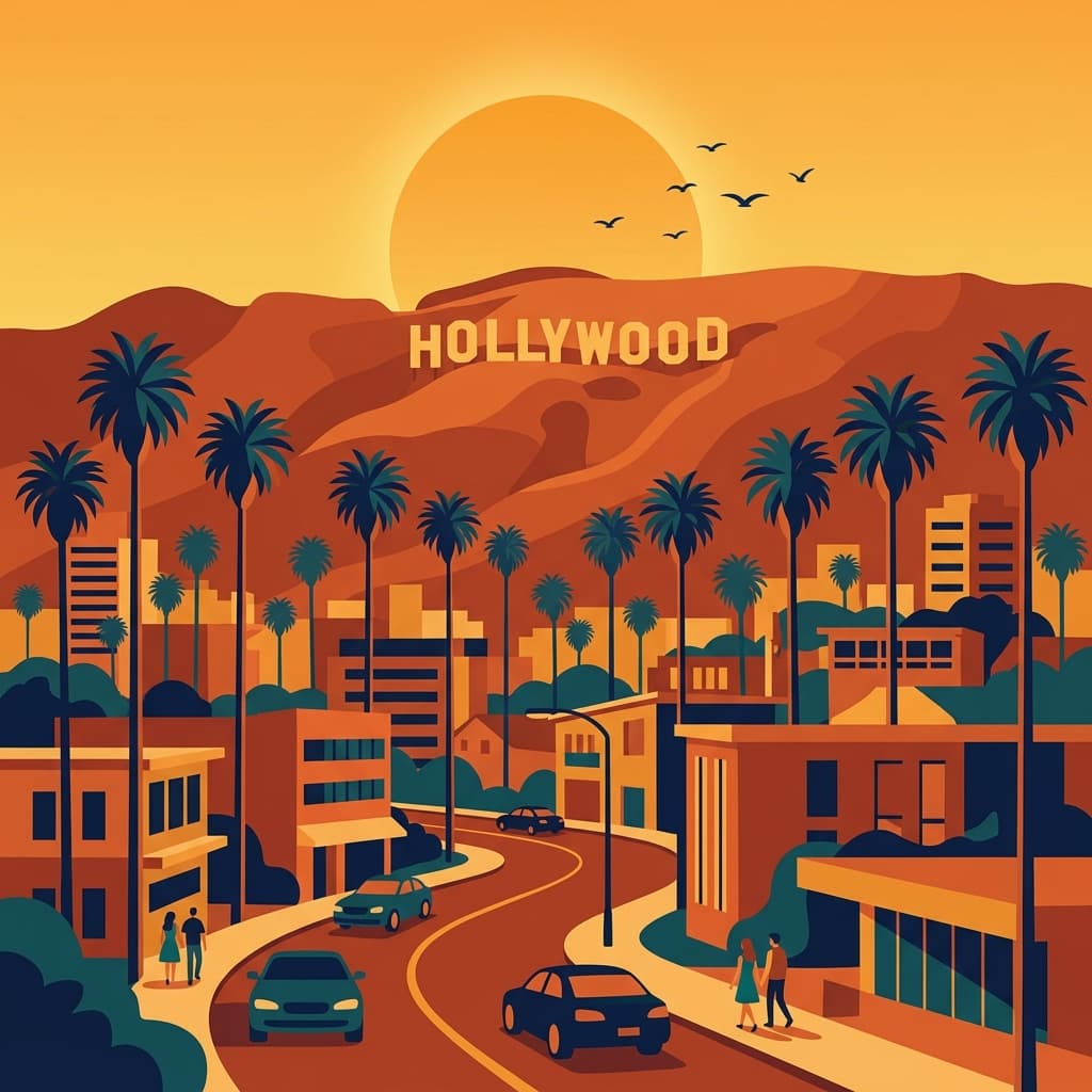 Vintage travel-poster illustration of Los Angeles with palm trees and the Hollywood hills