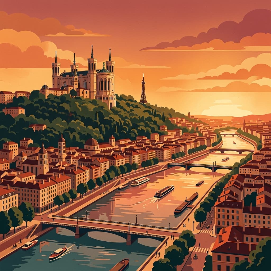 Vintage travel-poster illustration of Lyon with the Basilique Notre-Dame de Fourvière and the Rhône river in a warm red-orange sunset glow