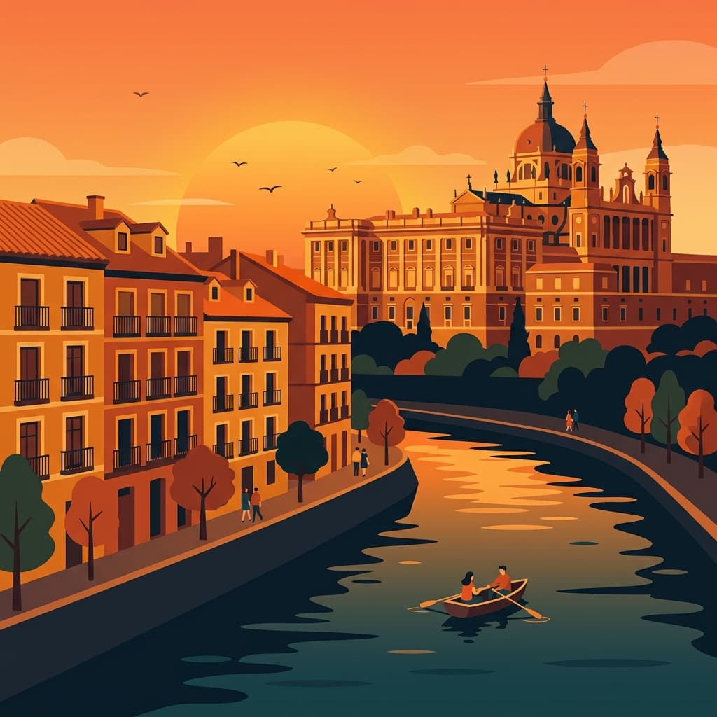 Vintage travel-poster illustration of Madrid