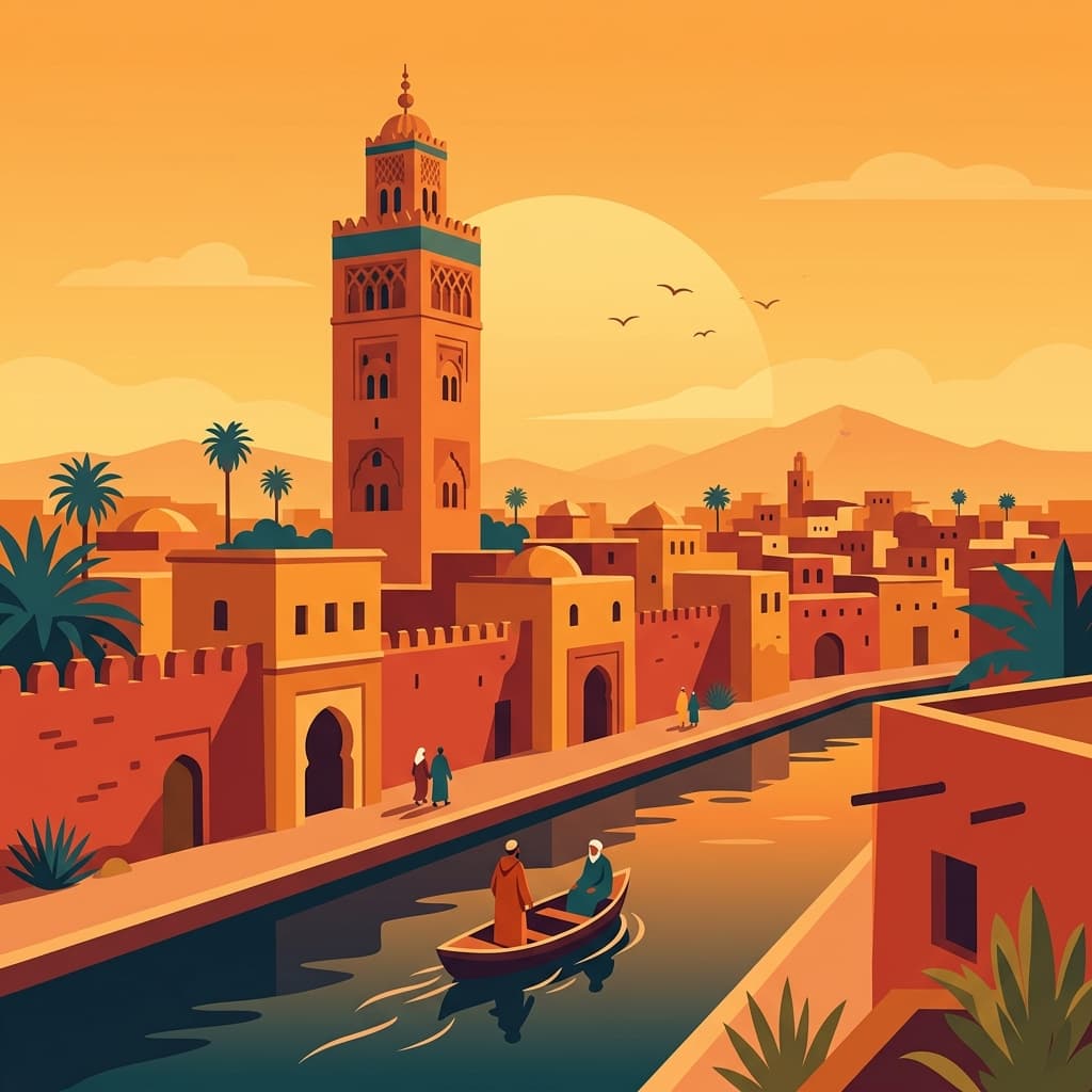 Vintage travel-poster illustration of Marrakech with the Koutoubia minaret and red medina walls in a warm red-orange sunset glow