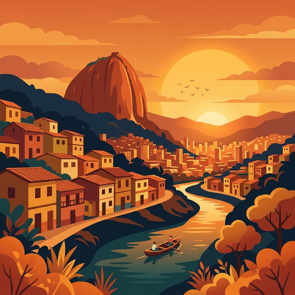 Vintage travel-poster illustration of Medellín in a warm red-orange sunset glow