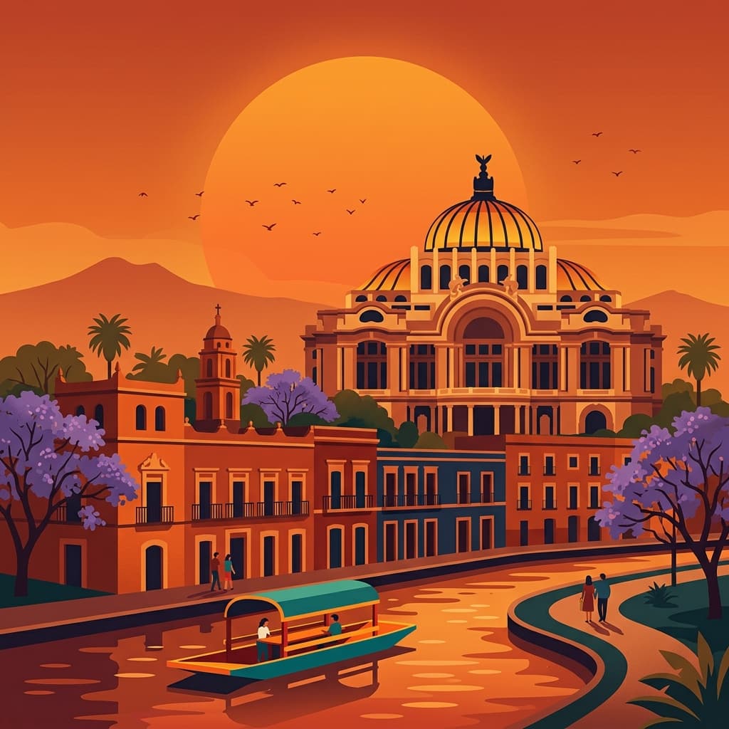 Vintage travel-poster illustration of Mexico City with Palacio de Bellas Artes in a warm red-orange sunset glow