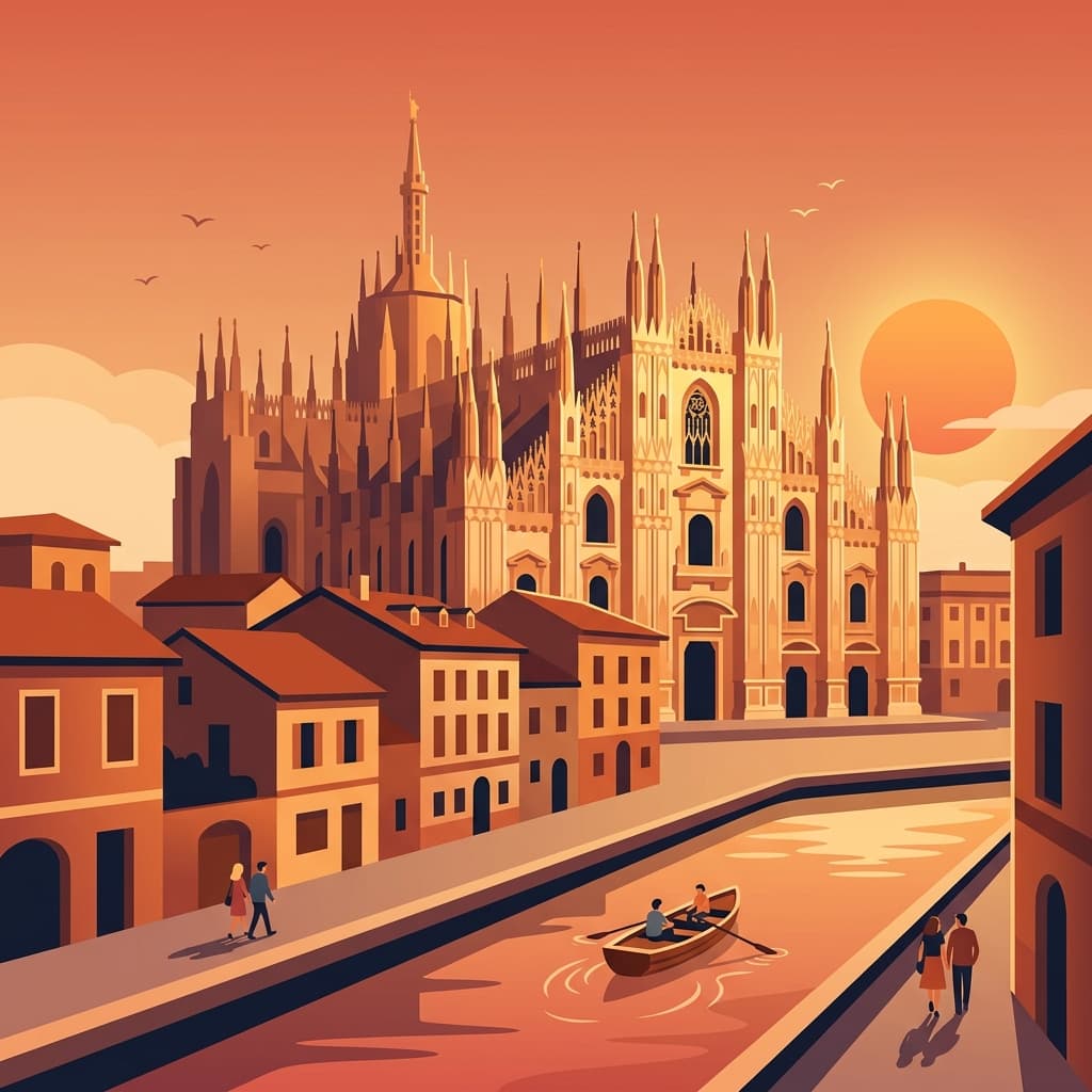 Vintage travel-poster illustration of Milan with the Duomo in warm sunset glow