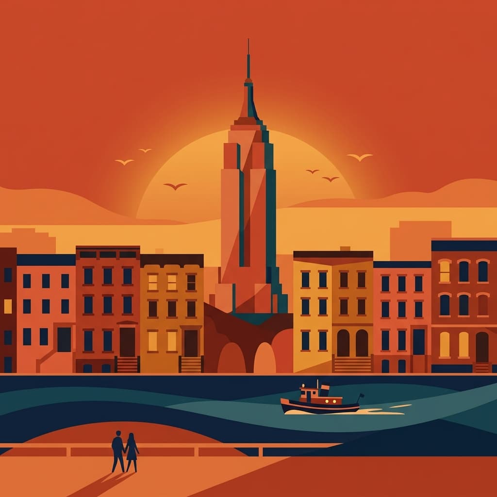 Vintage travel-poster illustration of New York City