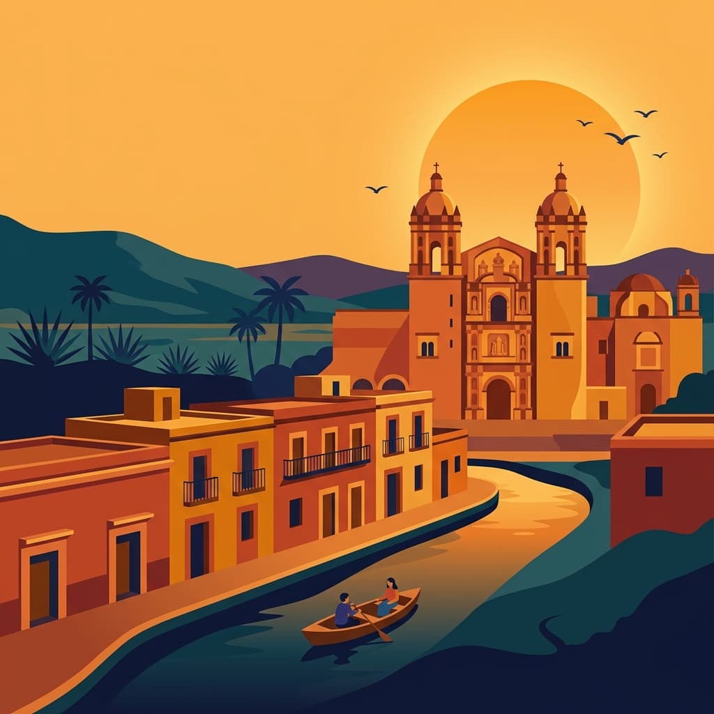 Vintage travel-poster illustration of Oaxaca with the Templo de Santo Domingo in a warm red-orange sunset glow