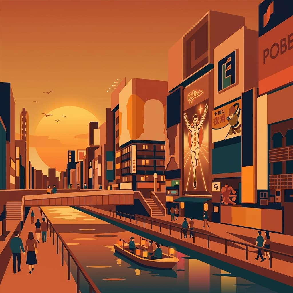 Vintage travel-poster illustration of Osaka with the Dotonbori neon canal at night