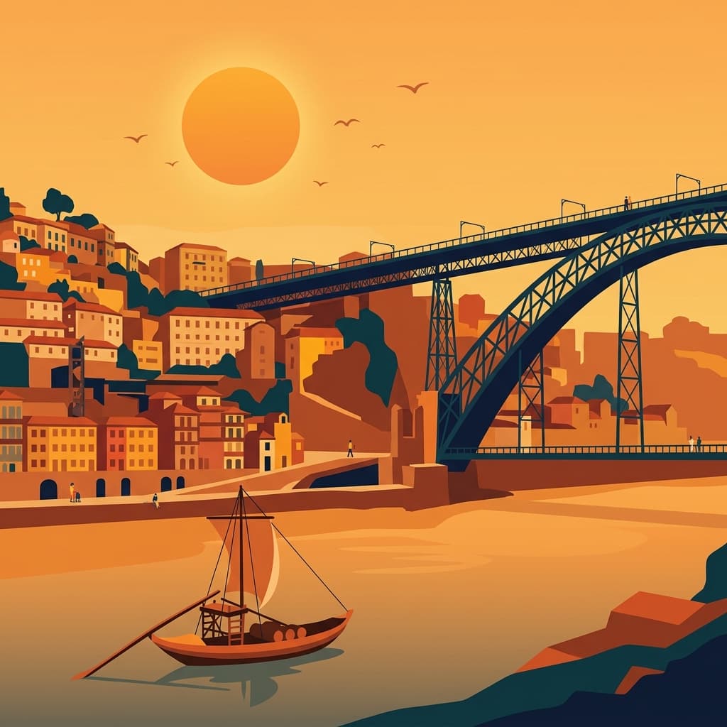 Vintage travel-poster illustration of Porto with the Dom Luís I Bridge over the Douro and the Ribeira