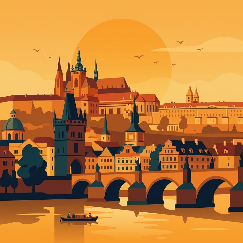 Vintage travel-poster illustration of Prague with the Charles Bridge and Prague Castle