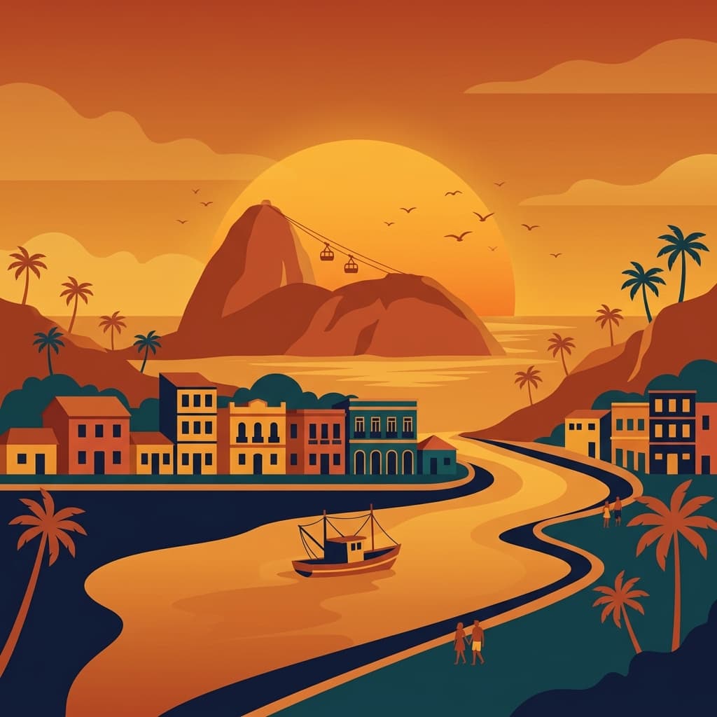 Vintage travel-poster illustration of Rio de Janeiro with Sugarloaf Mountain and Copacabana beach in a warm red-orange sunset glow
