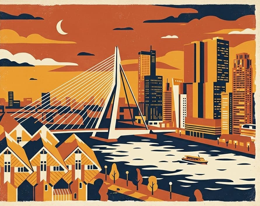 Vintage travel-poster illustration of Rotterdam with the Erasmusbrug and Cube Houses