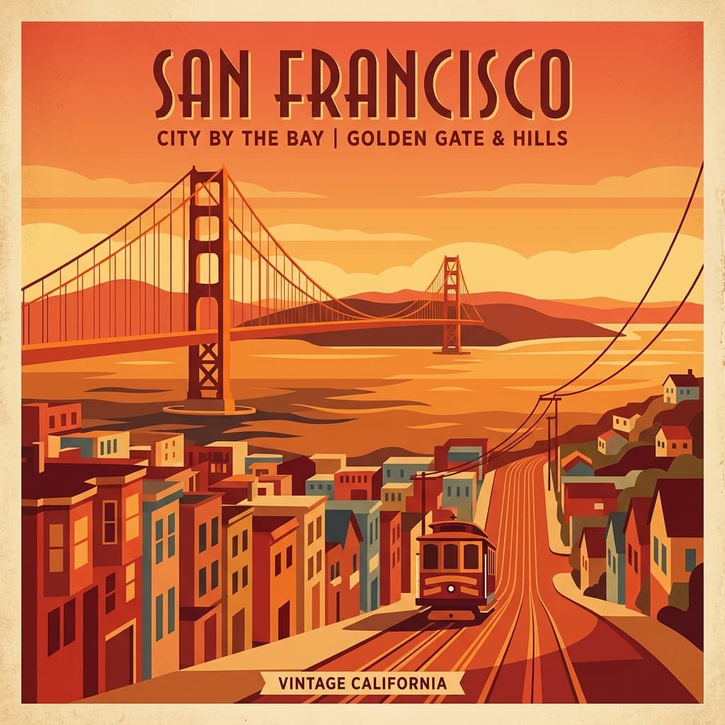 Vintage travel-poster illustration of San Francisco with the Golden Gate Bridge and cable cars