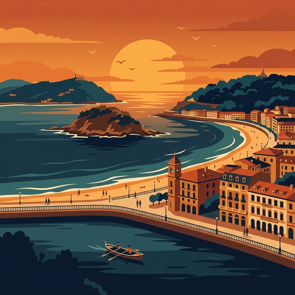 Vintage travel-poster illustration of San Sebastian with La Concha beach