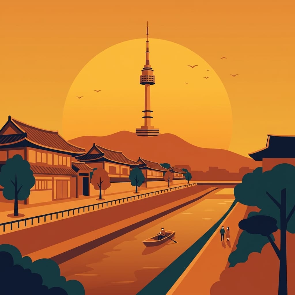 Vintage travel-poster illustration of Seoul in warm sunset glow