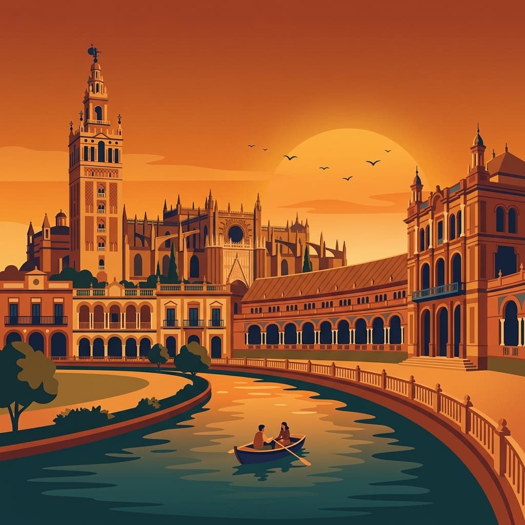 Vintage travel-poster illustration of Seville with the Alcázar and Giralda