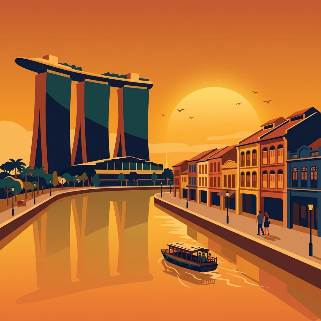Vintage travel-poster illustration of Singapore with the Marina Bay Sands and Supertrees
