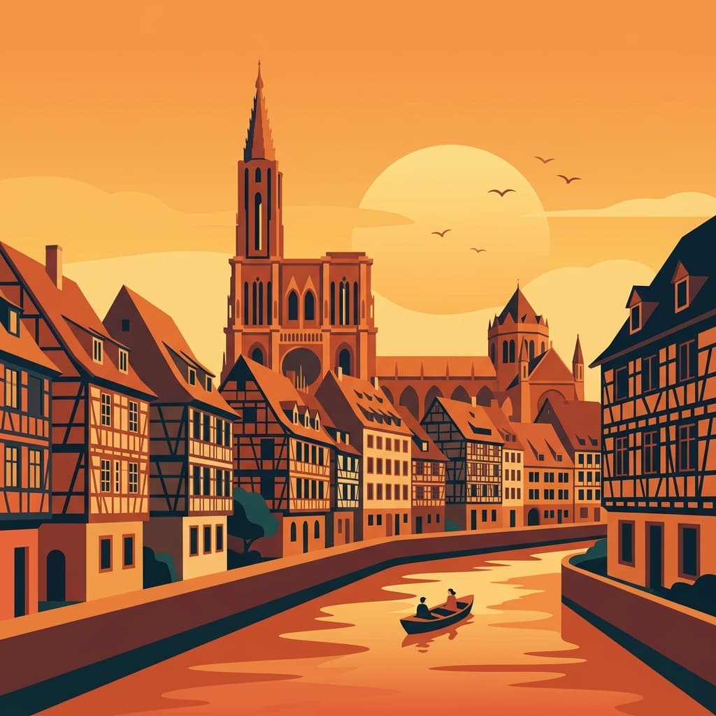 Vintage travel-poster illustration of Strasbourg