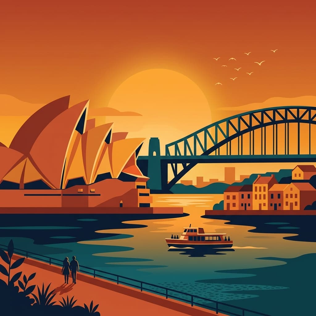 Vintage travel-poster illustration of Sydney with the Opera House and Harbour Bridge in a warm red-orange sunset glow